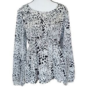 Macaron White&Black Elephant Print Blouse Elastic Cuffs&Waist Lantern Sleeve LRG